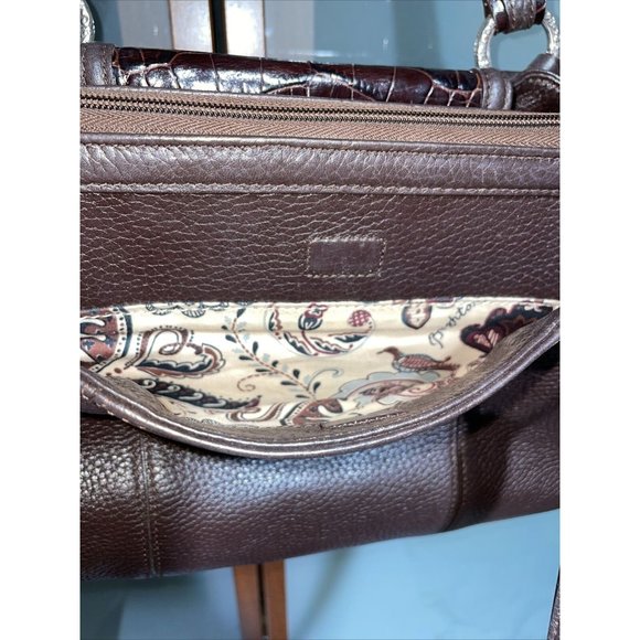 BRIGHTON Croc Embossed Brown Pebbled Leather Silver Accented Shoulder Hand Bag - Picture 8 of 13